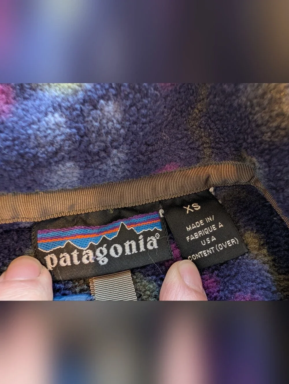 VINTAGE Patagonia 1990s Made In USA Fleece Snap Batik Purple Navy  XS